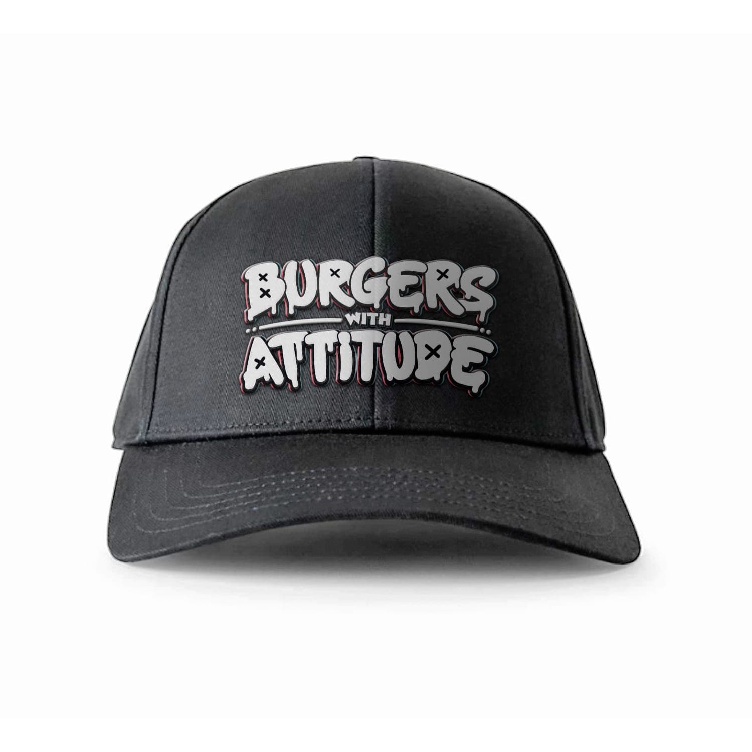 Black baseball cap with gray graffiti-style text reading Burgers With Attitude across the front