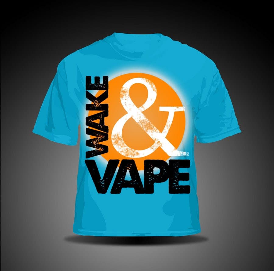 Teal t-shirt with an orange sun graphic and black text reading Wake and Vape for a vape shop
