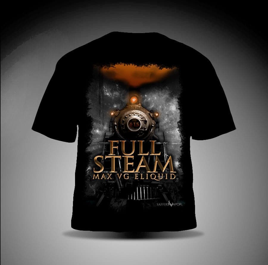 Black t-shirt back print for Full Steam Max VG Eliquid with a glowing vintage locomotive graphic in gold and gray