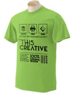 Lime green t-shirt on a mannequin printed with This Creative and 100% Original Design in black text