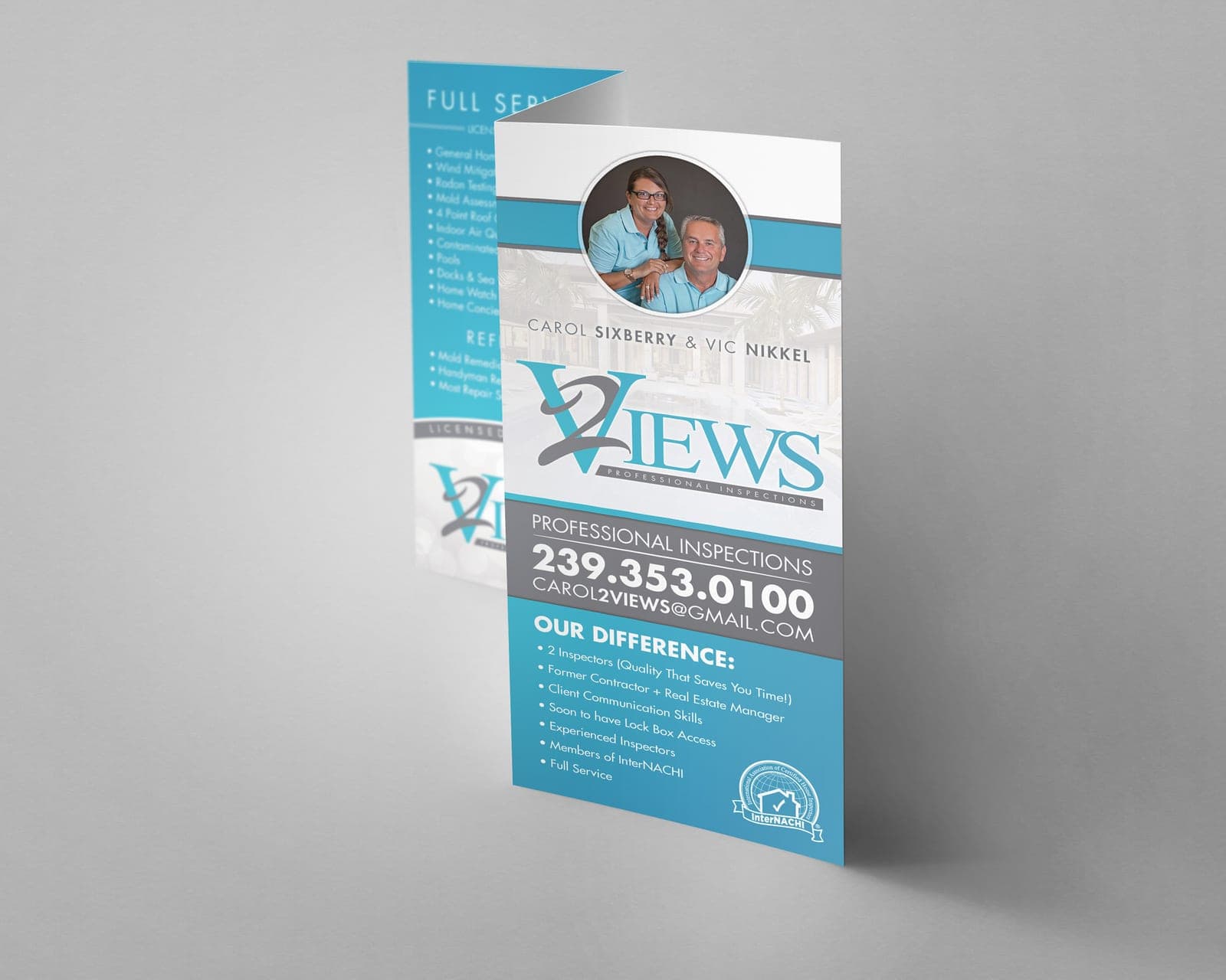 Tri-fold brochure mockup, 2 Views Professional Inspections: teal V logo, inspector photo, service list.