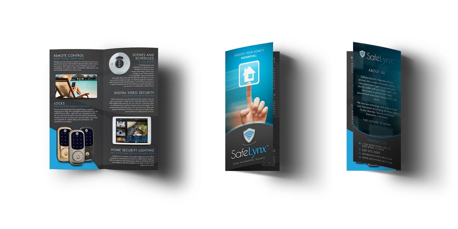 Tri-fold brochure mockup for SafeLynx home automation: dark blue background, shield-and-wifi logo, touchscreen hand graphic.