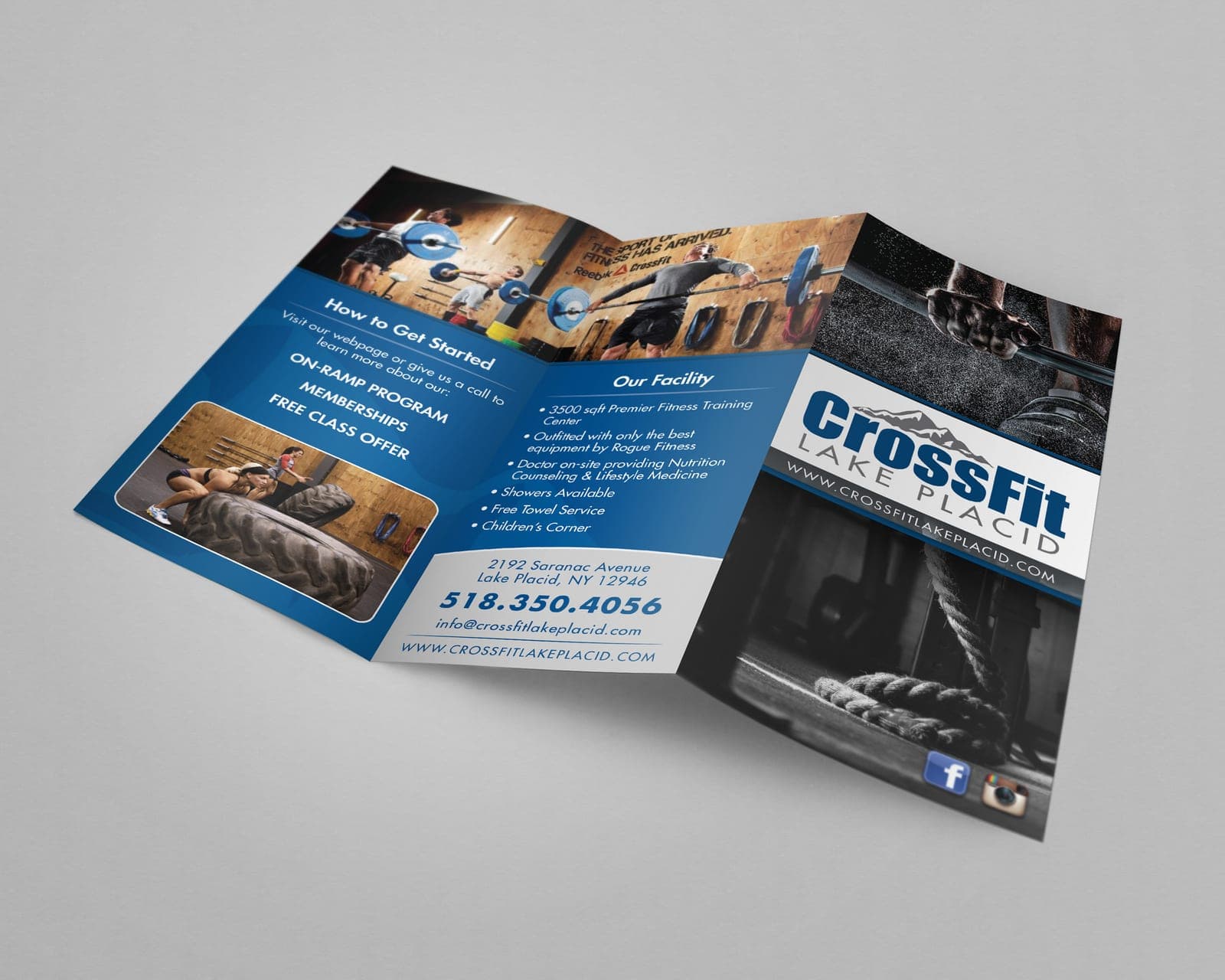 Tri-fold brochure mockup, CrossFit Lake Placid: mountain-peak logo, navy and white, gym photos of lifting and tire flips.