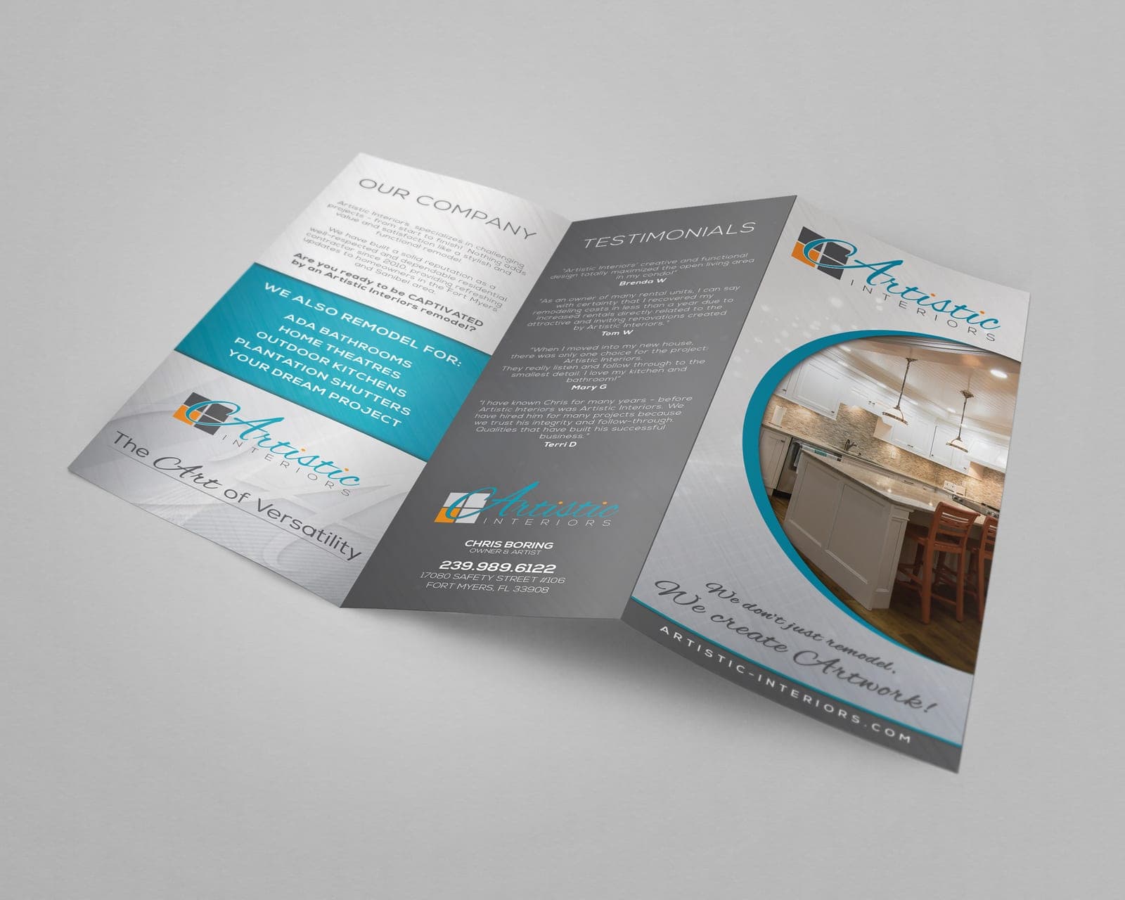 Tri-fold brochure mockup for Artistic Interiors: teal script logo, window-pane mark, kitchen remodel photo, testimonials.
