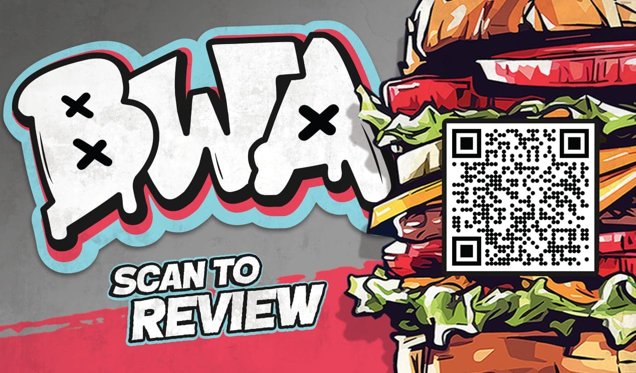 Rack card front for Burgers with Attitude: graffiti lettering, an illustrated burger, and a QR code to leave a review.