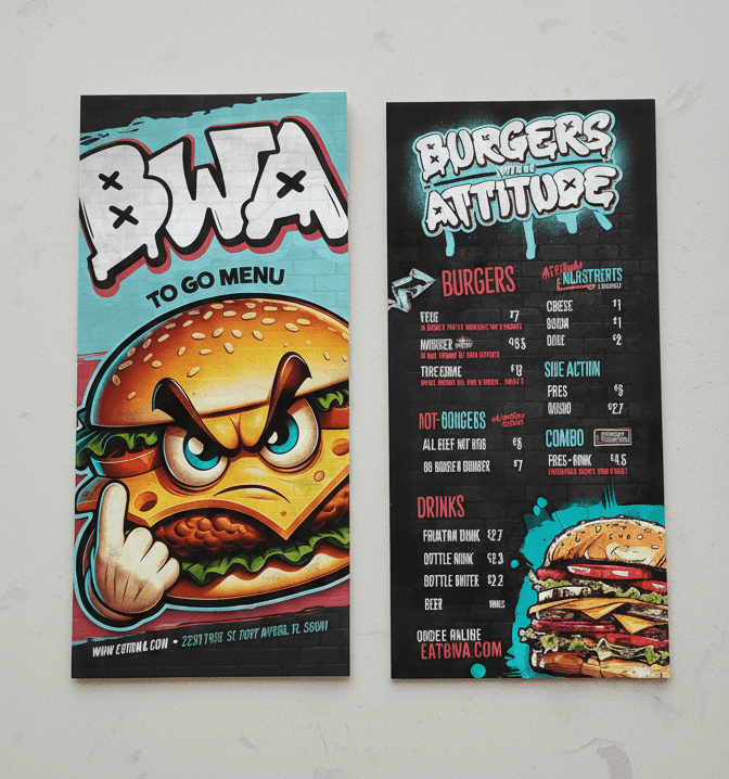 Rack card mockup, Burgers with Attitude to-go menu: teal front with a cartoon burger, black back with a price list.