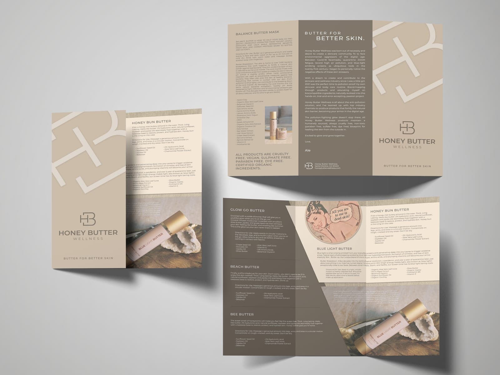 Tri-fold brochure mockup for Honey Butter Wellness: taupe and cream palette, HB monogram, skincare bottles on stone.