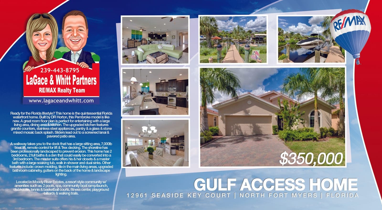 Real estate mailer back: 'Gulf Access Home' listing flyer, photo grid of the house, $350,000 price, RE/MAX branding.