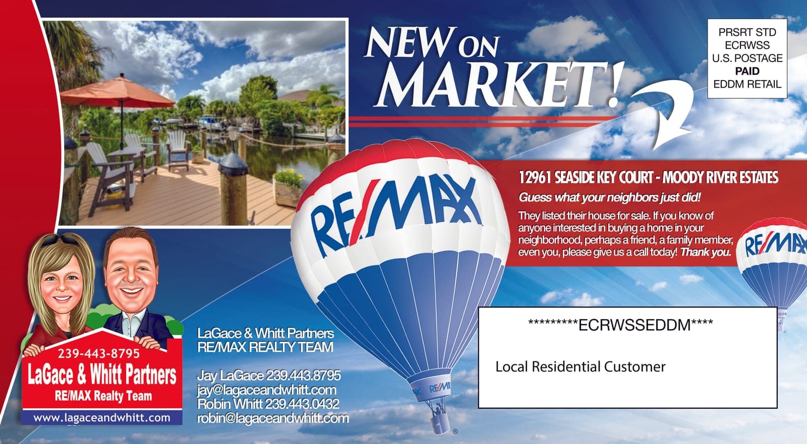 Real estate mailer front: 'New on Market' headline, RE/MAX balloon graphic, waterfront patio photo, agent team logo.