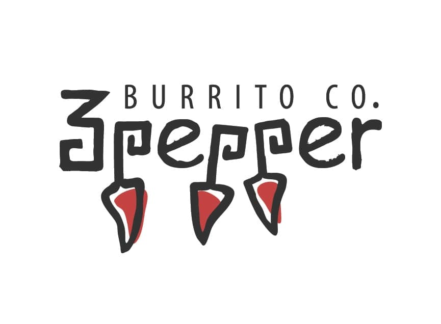 3 Pepper Burrito Co. logo: hand-lettered '3 Pepper' text with red chili peppers hanging below, serif 'Burrito Co.'