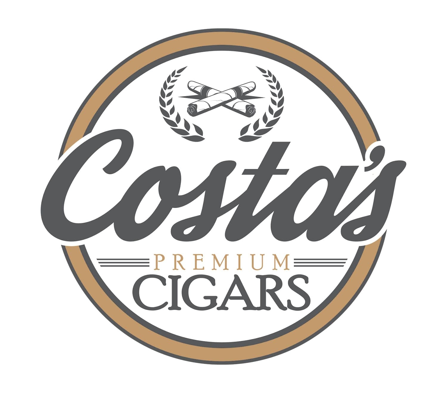 Costa's Premium Cigars logo: gray script 'Costa's' in a tan ring, crossed cigars and laurel wreath, 'PREMIUM CIGARS' text.