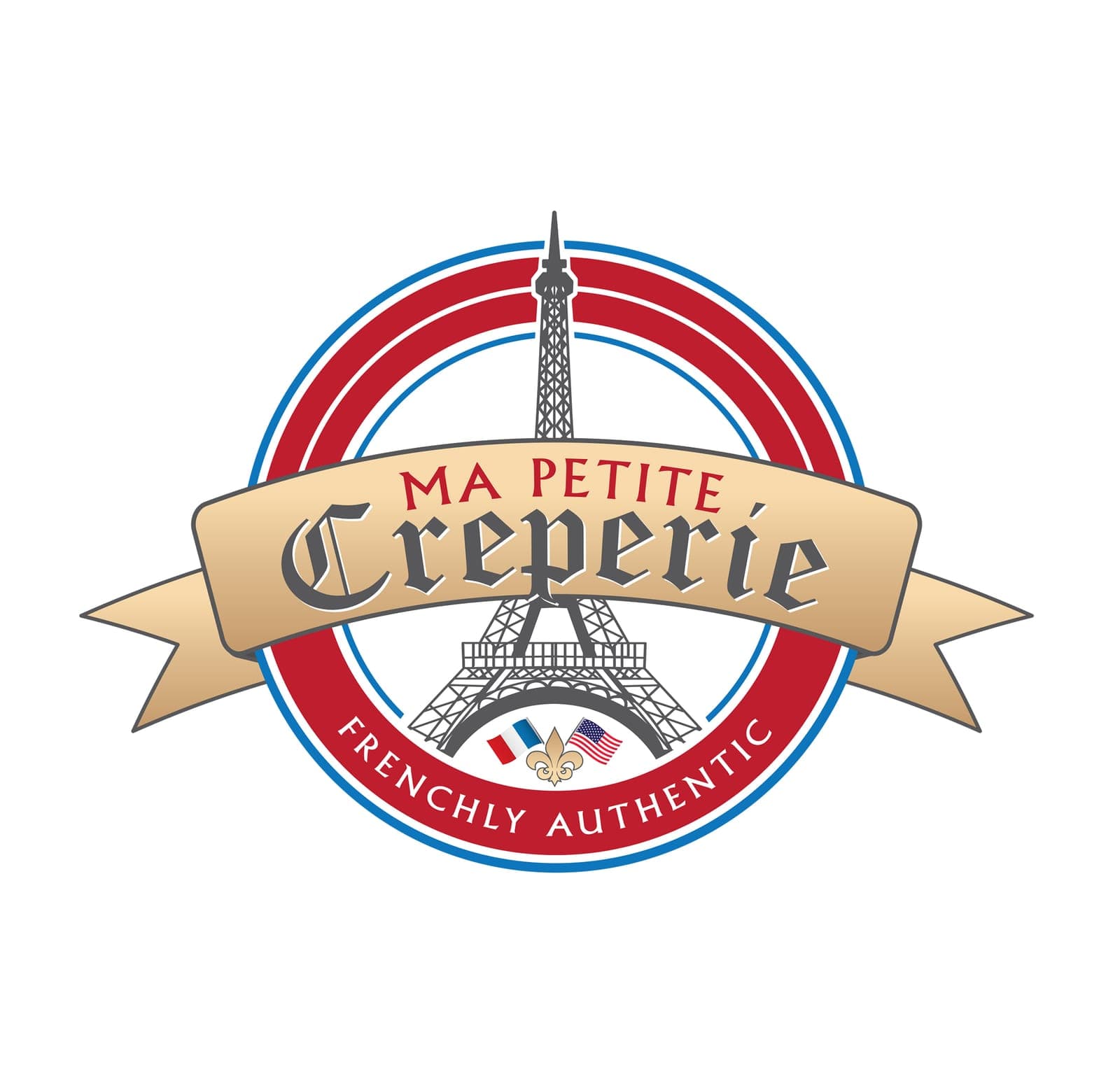 Ma Petite Creperie logo: red, white, and blue badge with an Eiffel Tower illustration, tan ribbon banner, French flags.