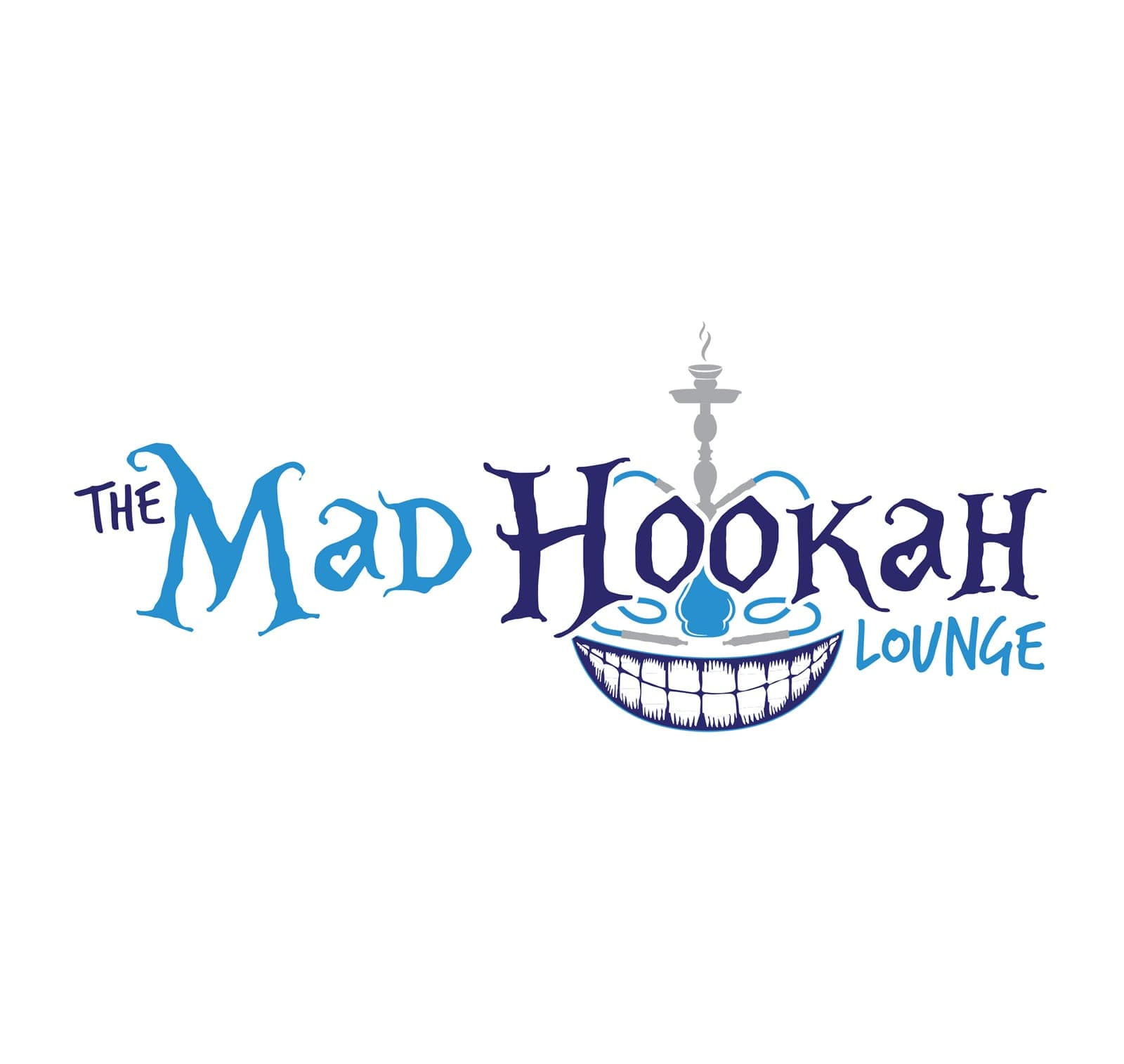 The Mad Hookah Lounge logo, final version: whimsical blue and navy lettering, smoking hookah pipe, toothy grin.