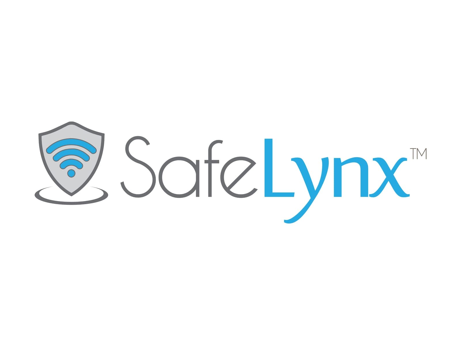 SafeLynx logo: gray shield icon with a blue wifi signal, gray 'Safe' and blue 'Lynx' text with trademark symbol.