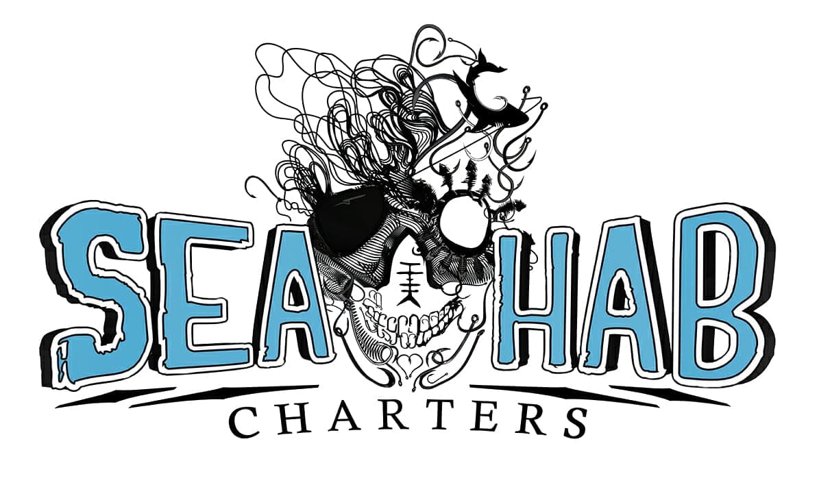 SeaHab Charters logo: blue letter-spaced text around an inked skull with fish hooks and swirling line art, black 'CHARTERS.'