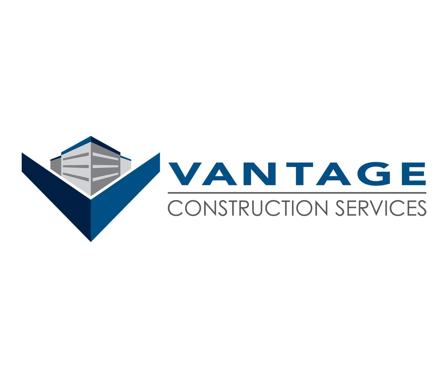 Vantage Construction Services logo: navy and gray checkmark-shaped building icon, bold 'VANTAGE' text, gray subtext.