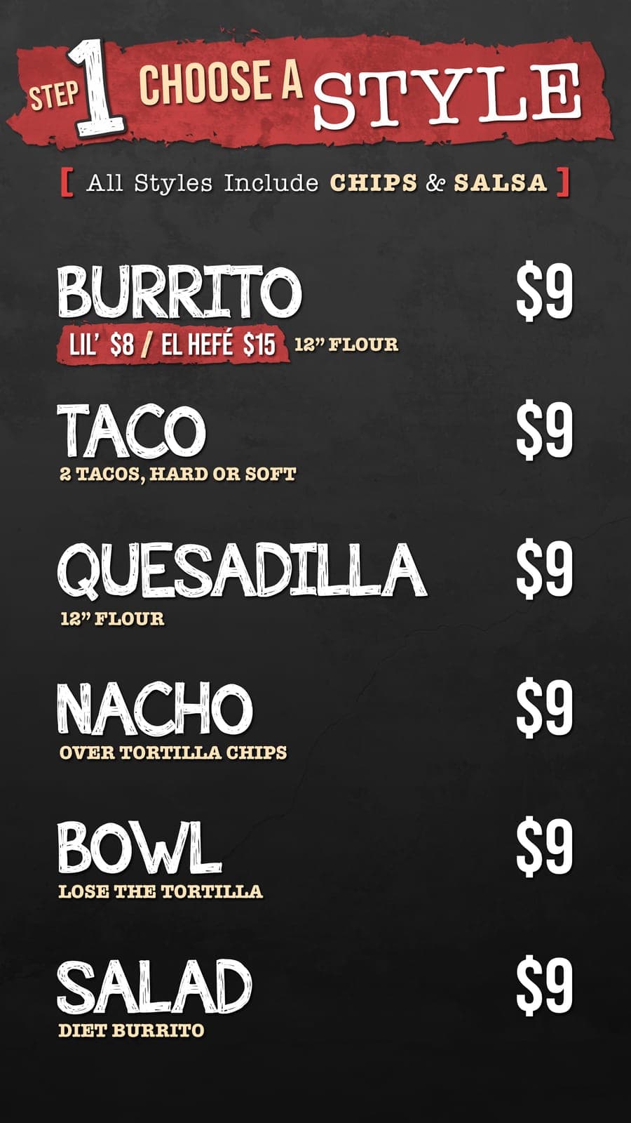 3 Pepper Burrito Co. menu panel 1: dark chalkboard background, red torn-paper header, burrito and taco style options.