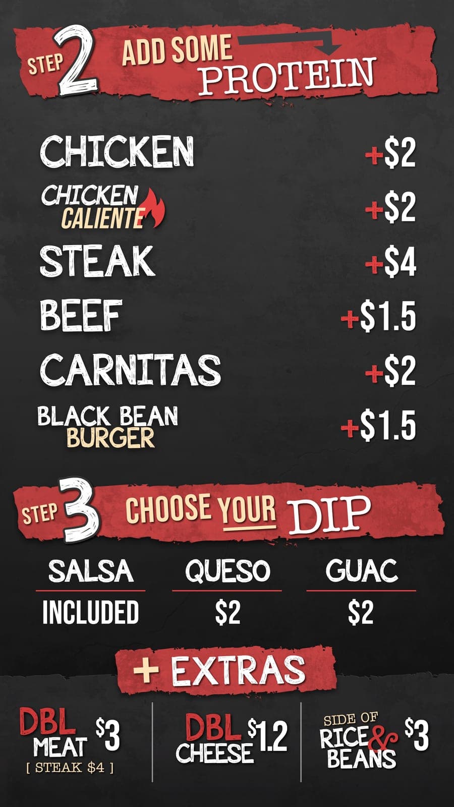 3 Pepper Burrito Co. menu panel 2: dark background, red headers listing protein add-ons, dips, and extras with pricing.