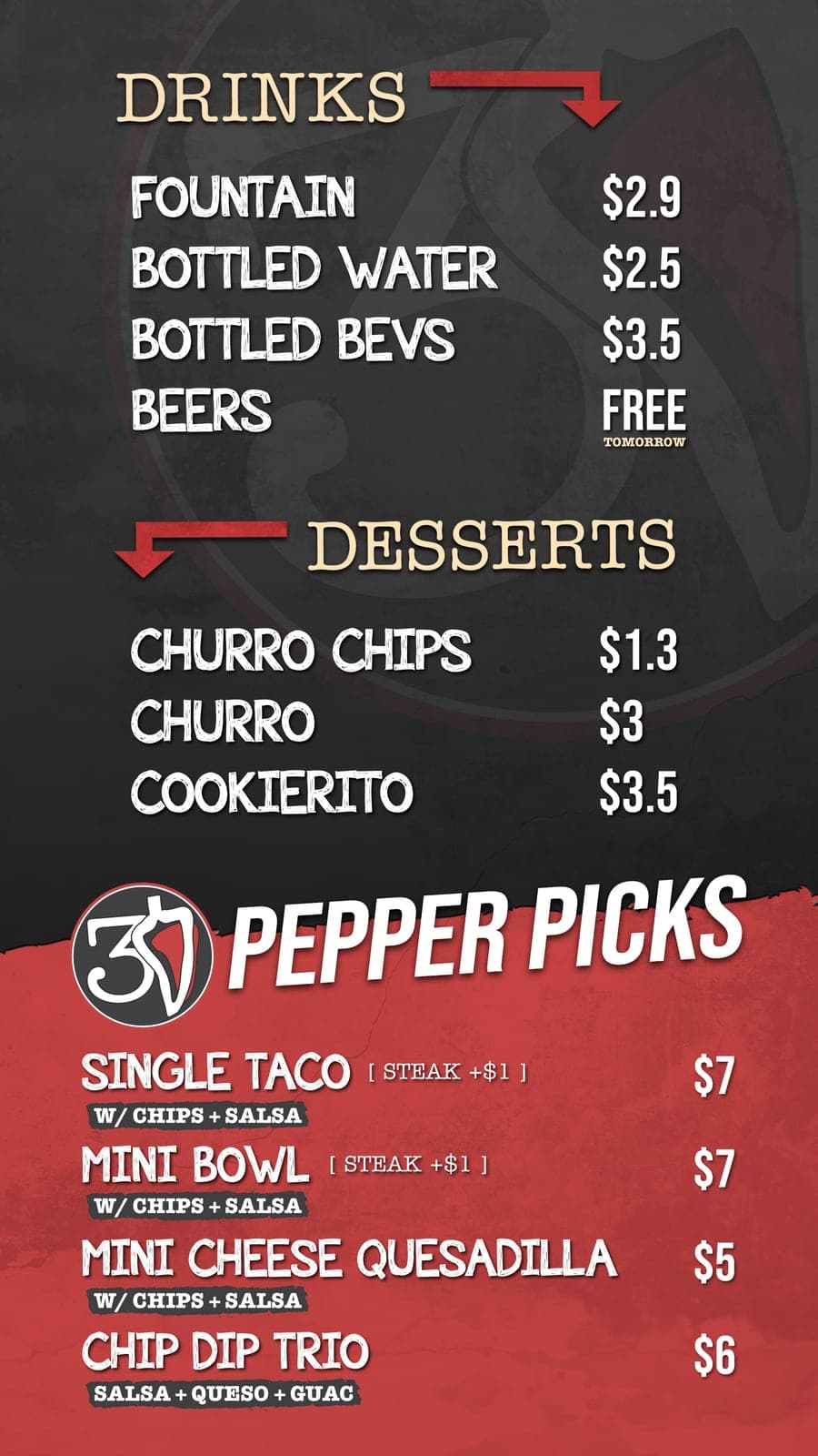 3 Pepper Burrito Co. menu panel 3: dark drinks and desserts list above a red 'Pepper Picks' combo section.