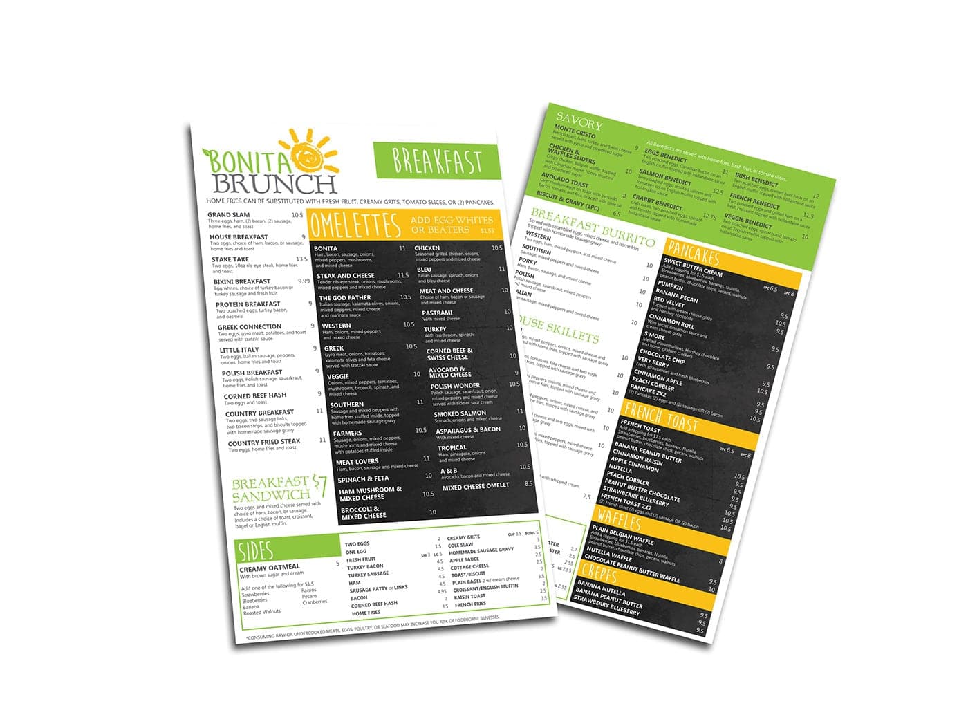 Bonita Brunch breakfast menu, two pages: white and green layout with a chalkboard omelette list and savory dishes.