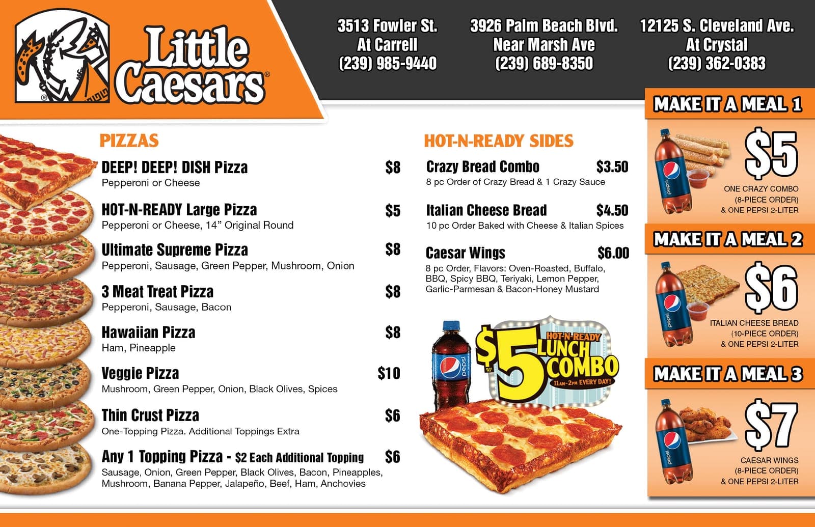 Little Caesars menu board: orange and black layout with pizza photos and pricing for pizzas, sides, and combo deals.