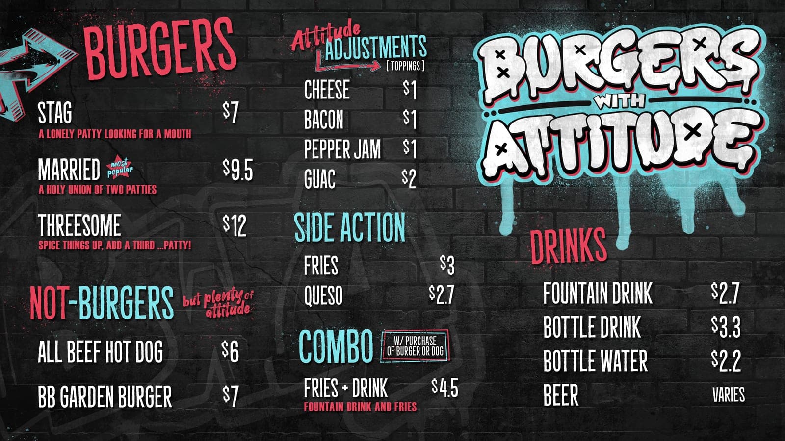 Burgers with Attitude digital menu board: black brick background, graffiti-style burger and drink pricing in pink and teal.