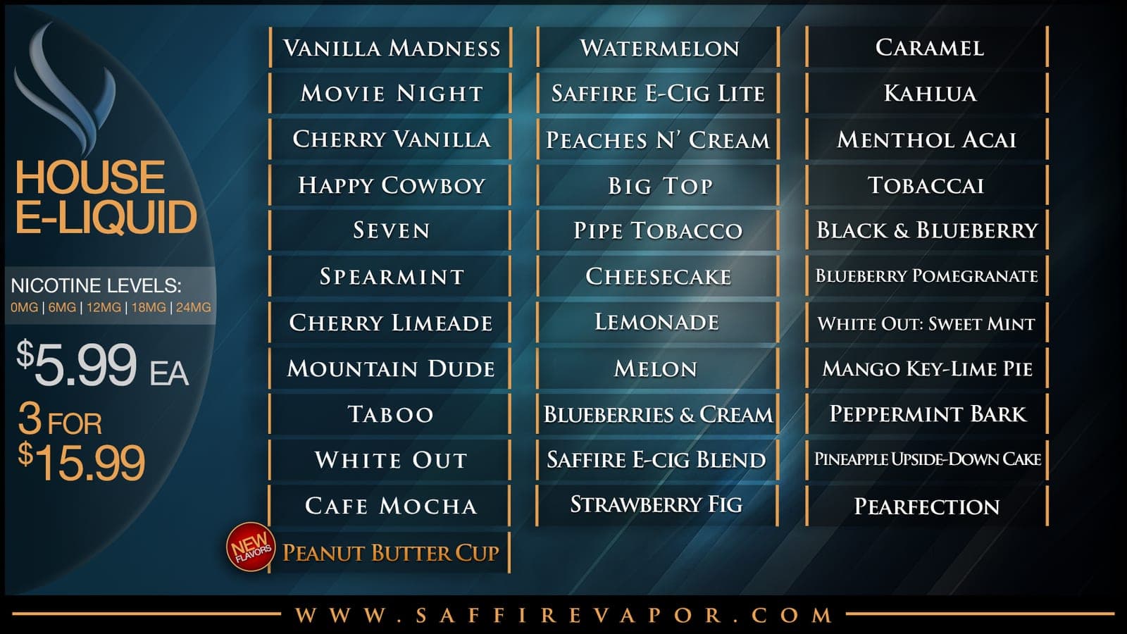 Saffire Vapor House E-Liquid menu: dark teal background with a wisp logo, three columns of flavor names in white script.
