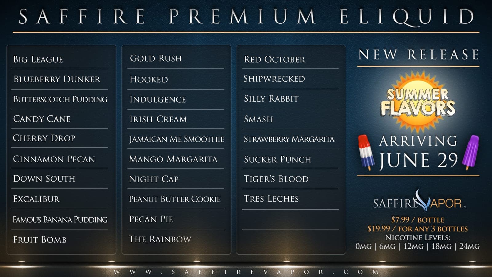 Saffire Vapor Premium E-Liquid menu: dark blue background, flavor columns, and a 'Summer Flavors' popsicle promo graphic.