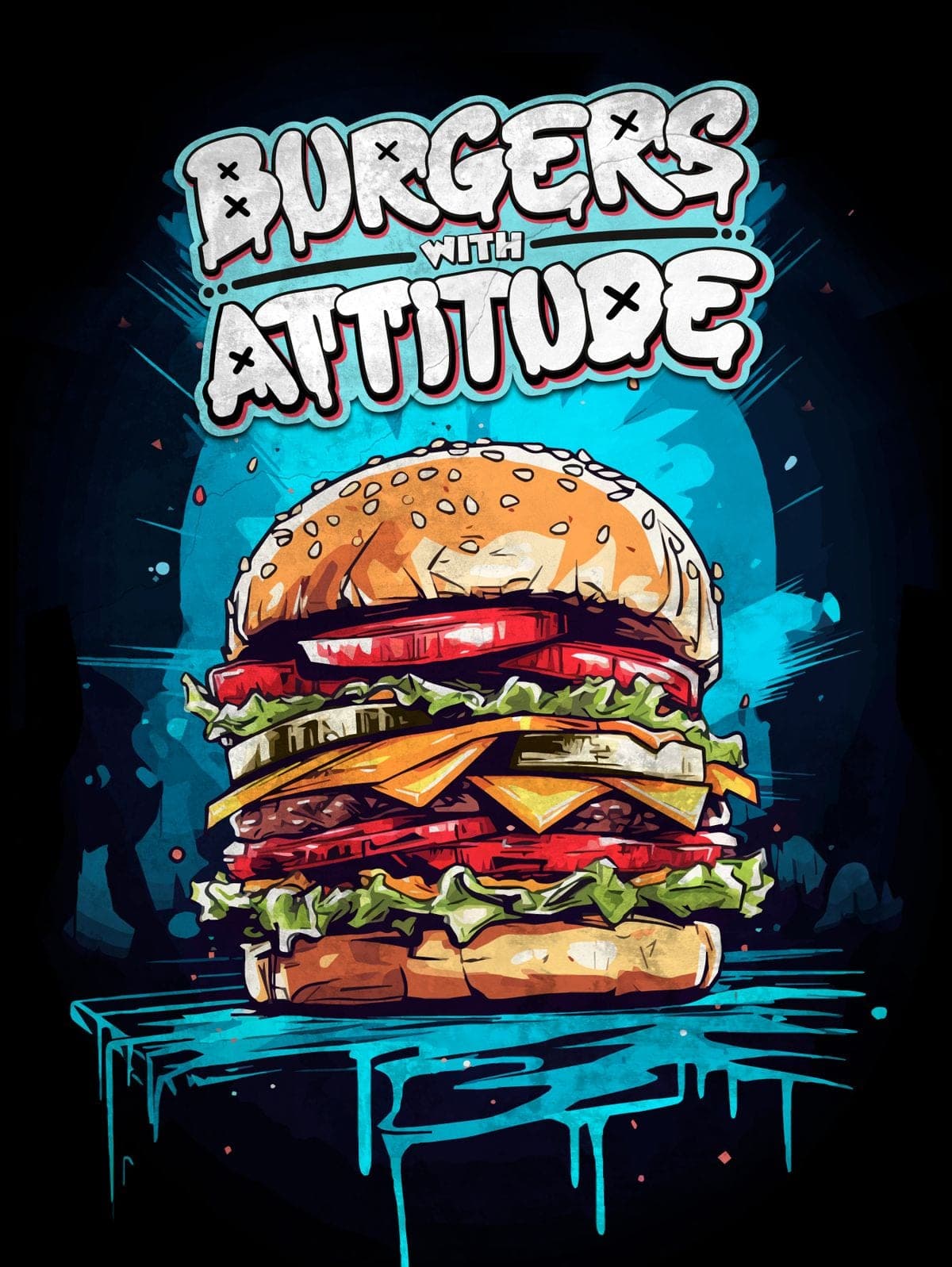 Illustrated poster reading Burgers with Attitude above a stacked cheeseburger, in a blue graffiti style.